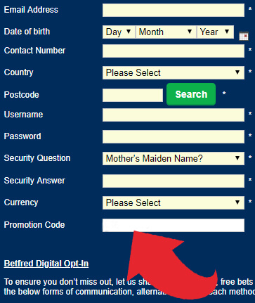 Promotion Code Box for Betfred